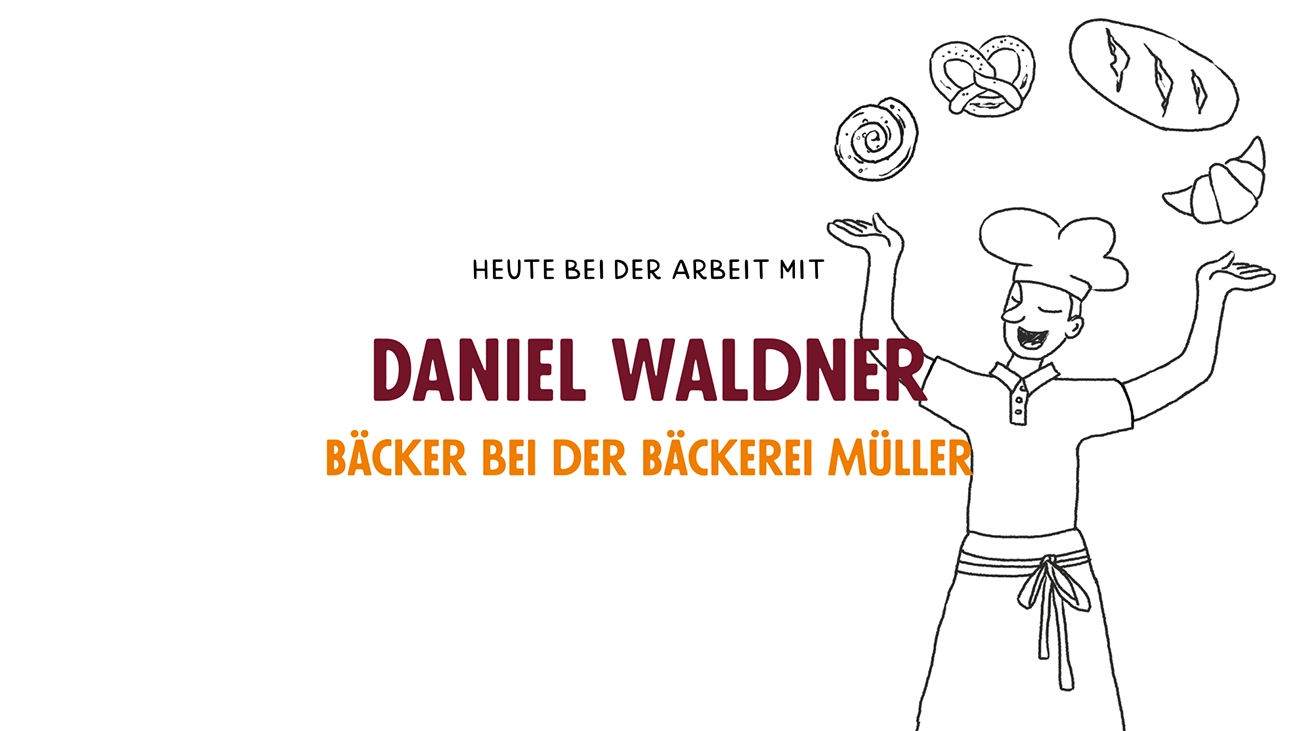 Vorschaubild des Testimonialvideos von Daniel Waldner. Zu sehen ist der Name und ein Bäcker in Arbeitskleidung und Bäckersmütze, der über seinen Kopf hinweg mit Backwaren wie einer Nussschnecke, einer Breze, einem Brot und einem Croissant jongliert.