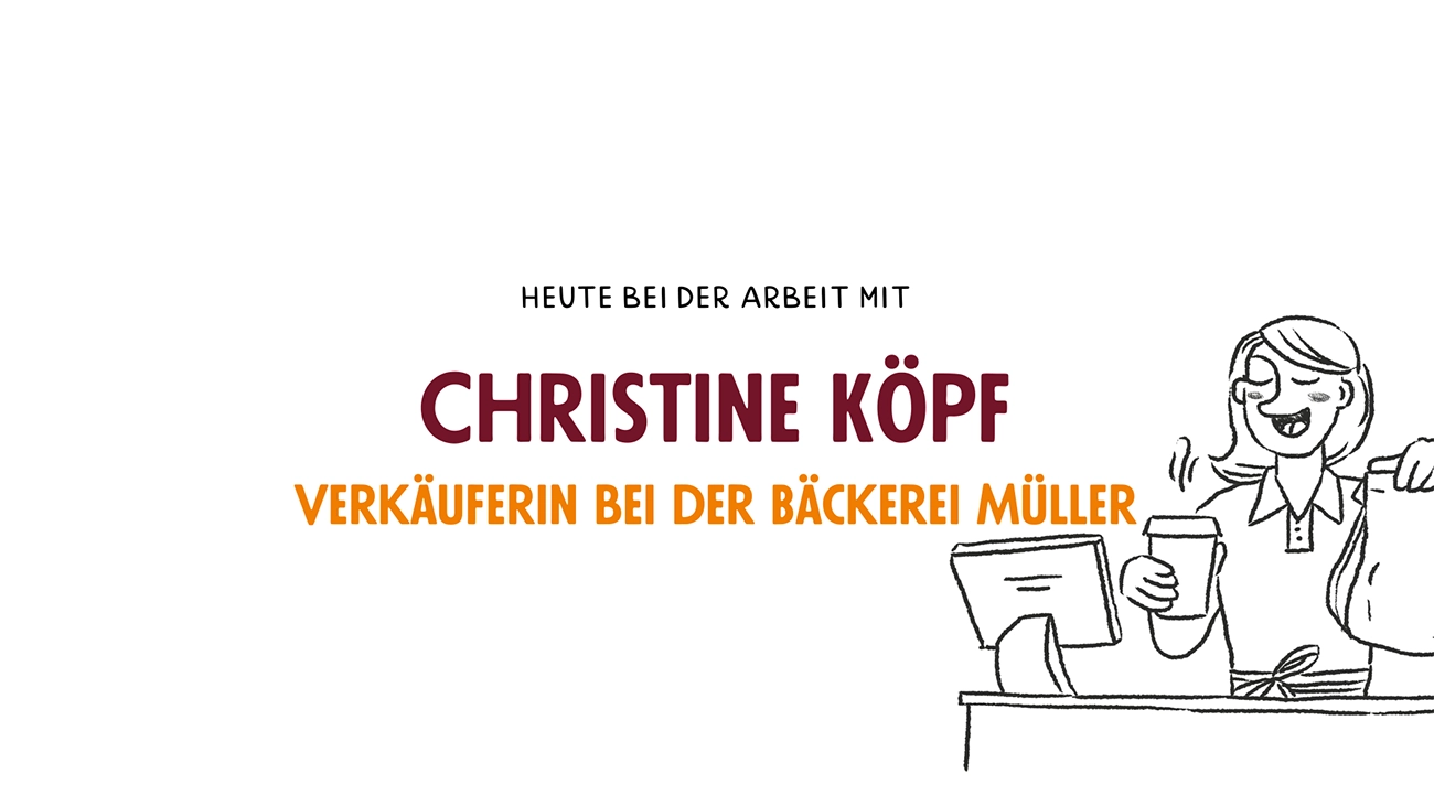 Vorschaubild des Testimonialvideos von Christine Köpf. Zu sehen ist der Name und eine Bäckereifachverkäuferin, die einen Coffee-To-Go und eine Bäckereitüte über die Ladentheke im Kassenbereich reicht.