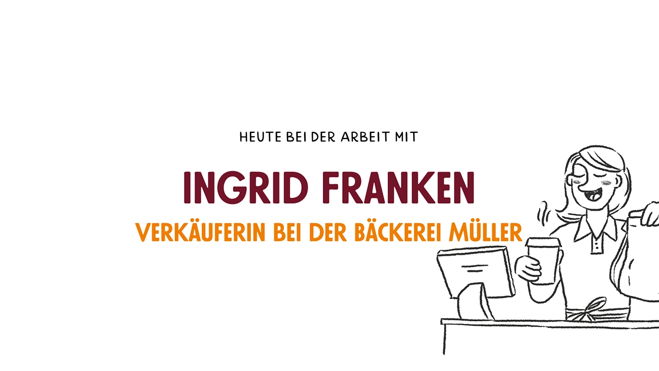 Vorschaubild des Testimonialvideos von Ingrid Franken. Zu sehen ist der Name und eine Bäckereifachverkäuferin, die einen Coffee-To-Go und eine Bäckereitüte über die Ladentheke im Kassenbereich reicht.