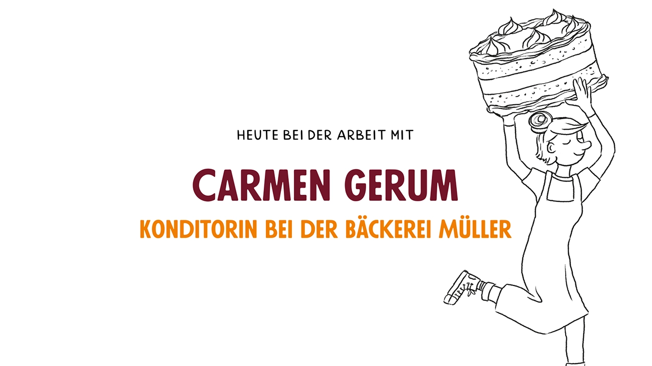 Vorschaubild des Testimonialvideos von Carmen Gerum. Zu sehen ist der Name und eine Konditorin, die eine riesige Torte über ihrem Kopf trägt.