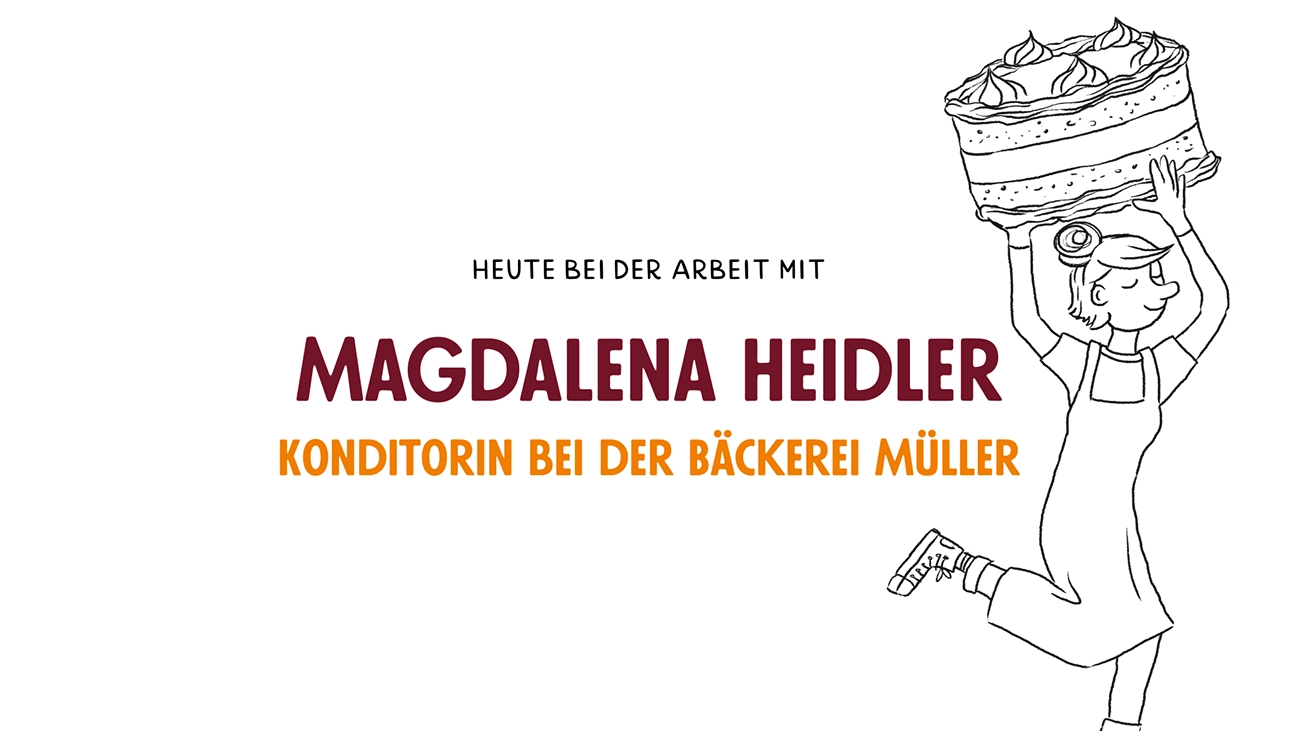 Vorschaubild des Testimonialvideos von Magdalena Heidler. Zu sehen ist der Name und eine Konditorin, die eine riesige Torte über ihrem Kopf trägt.