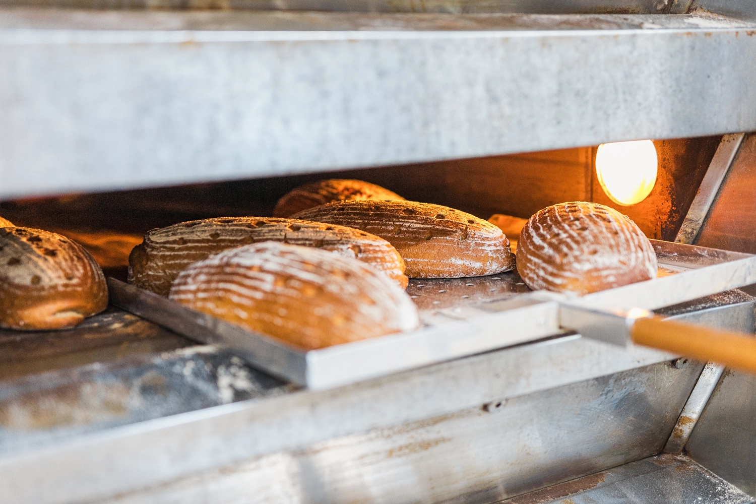 Frische Brotlaibe, die aus dem Ofen geholt werden.