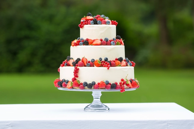 Weiße Hochzeitstorte, die mit diversen Beeren wie Himbeeren, Erdbeeren, Brombeeren, Johannisbeeren sowie Blaubeeren verziert wurde.